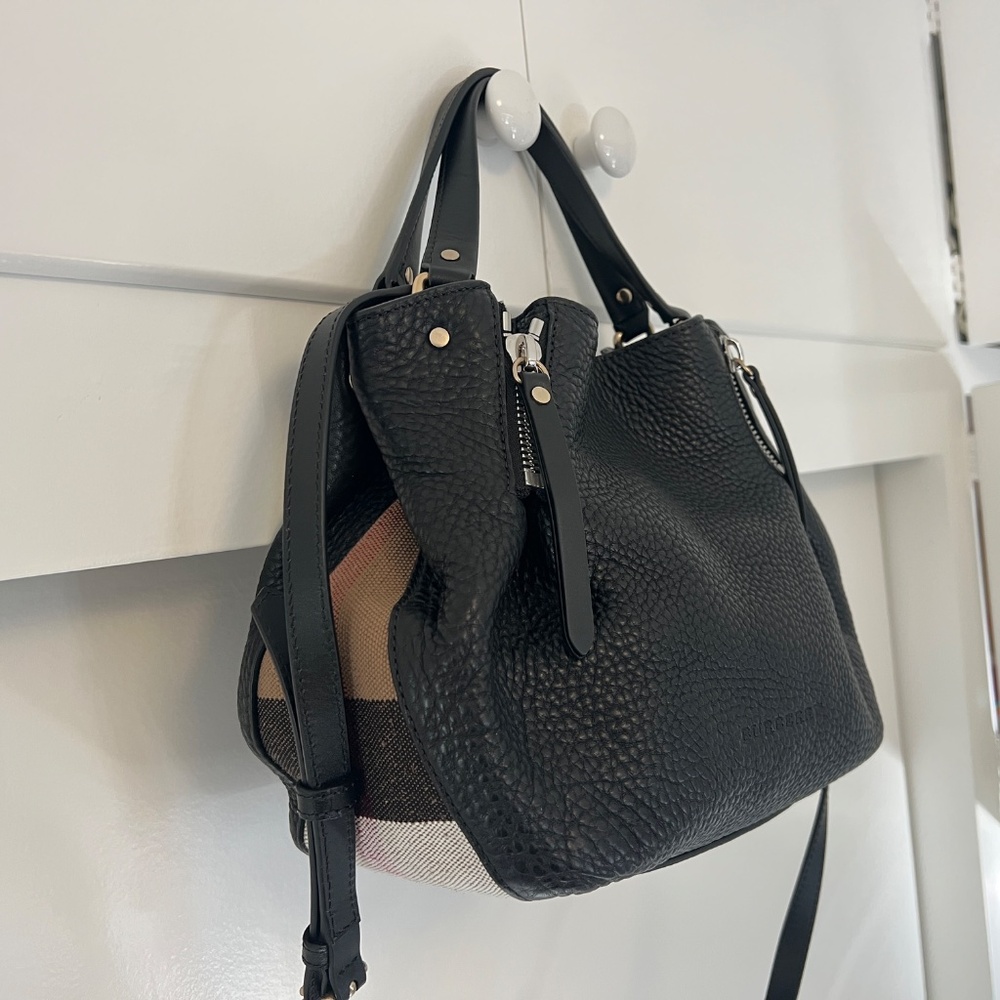 BURBERRY Maidstone Black Leather House Check Canvas Small Tote Bag - Picture 9 of 14